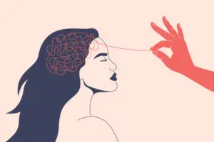 Illustration of a womans profile with a hand untangling a red line from her head, symbolizing mental clarity or problem-solving. The background is a soft beige.